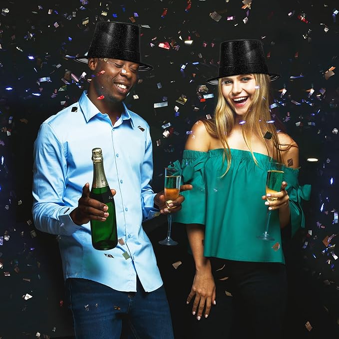 Hillban 50 Pack Glitter Top Hats Bulk Happy New Year Shiny Magician Top Hat for Adults Costume Party