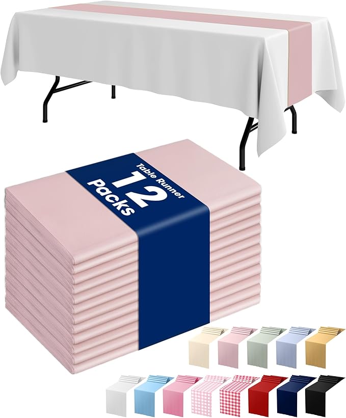 Pureegg Dusty Pink Plastic Table Runners - 12 Pack, 14'' x 108'', Water Resistant & Disposable Centerpiece Decorations for Table Cloth, Wedding, Birthday, Holiday, Baby Shower, Party, Home Decor