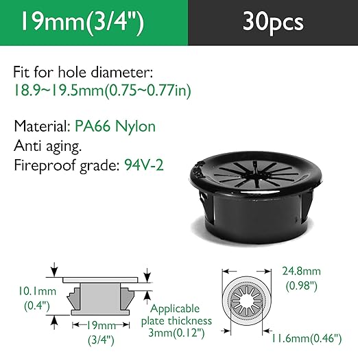 30PCS Cable Grommets, 3/4"(19mm) Desk Hole Cover Petal Shaped Buckle Type Nylon Snap Bushing Grommet, Wire Hole Cover Insert for Cables and Cords Management and Protection of Cabinet, Black