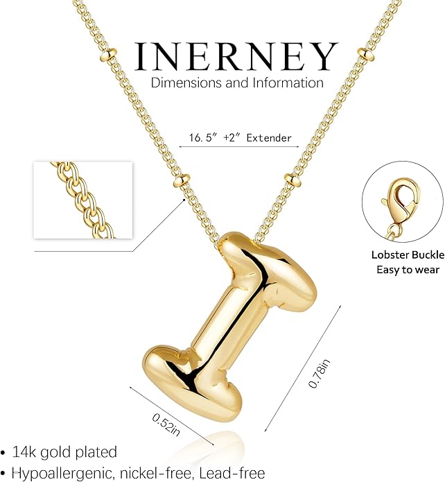 Inerney Valentines Day Gifts Gold Bubble Letter Necklace Initial Necklaces for Women, Chunky 14K Plated Balloon Initials, Trendy Charm Non Tarnish Custom Name Pendant Jewelry Gifts for Mom