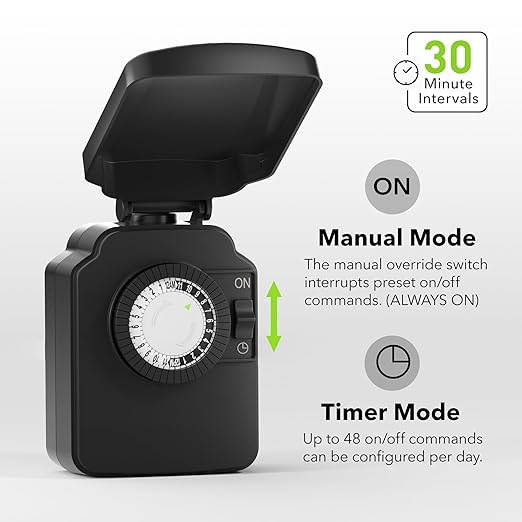 BN-LINK 24-Hour Mechanical Outdoor Light Timer, Waterproof, Heavy Duty, 15A 1/2HP, 1 Grounded Timer Outlet for Home and Garden,ETL Listed,2 Pack