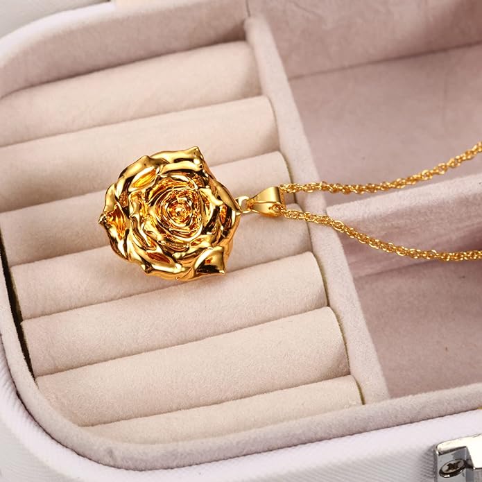 AliveRose Real Rose Gold Dipped Necklace Gifts for Women, 24K Gold Dipped Rose Pendant Necklace Jewelry Mothers Day Anniversaries Birthday Christmas Special Occasions Gifts for Her Mom Wife