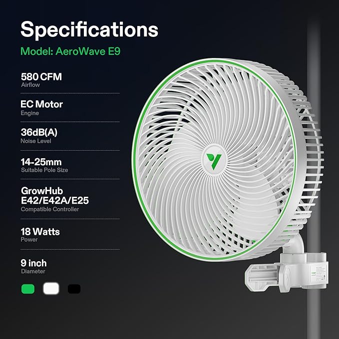 VIVOSUN AeroWave E9 Grow Tent Fan 9", EC Motor, WiFi-Controllable, US Patented Auto Oscillating Clip fan, IP54 Weatherproof, Strong Airflow & Quiet for Hydroponic Ventilation Circulation, White