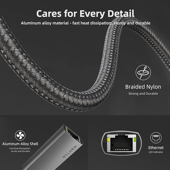 USB-C to Ethernet Adapter, WALNEW USBC to RJ45 Lan Adapter, Gigabit Cat Network Cable Converter to Type C Thunderbolt 3 for Mac,MacBook Pro/Air,iPad 10th,Dell XPS,Chromebook,Surface,Samsung Galaxy Tab