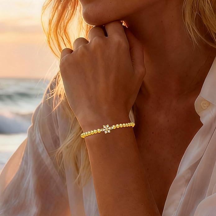 HZDK Gold Bracelets for Women - 14K Gold Plated Beaded Bracelets for Women Gold Jewelry Stackable Charm Bracelet Dainty Stretch Bead Bracelet Christmas Gifts for Her