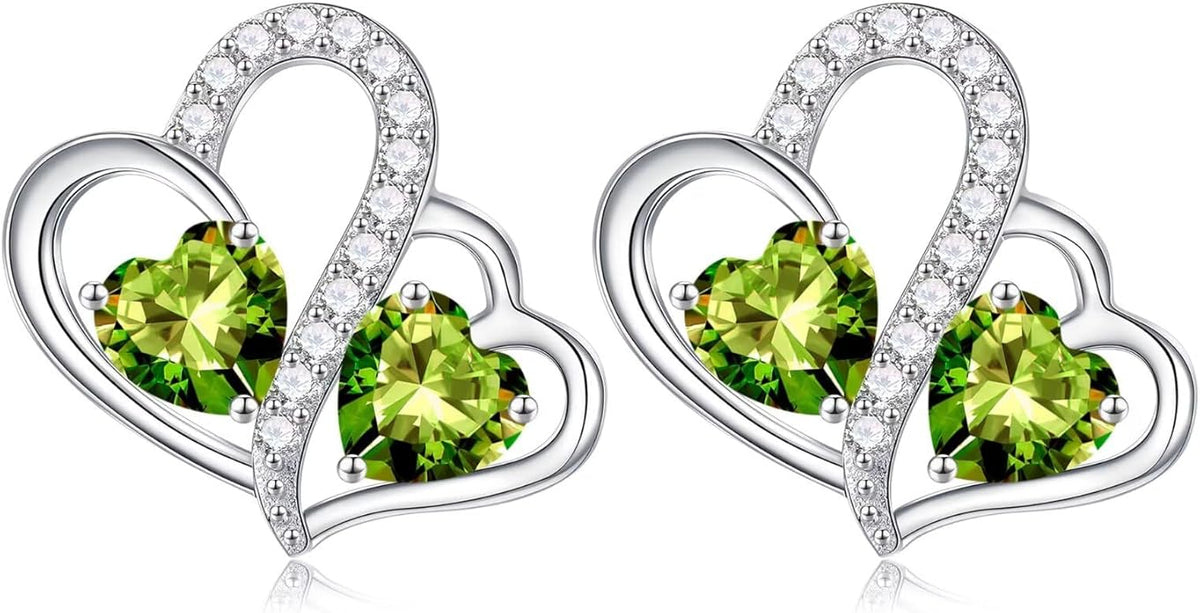 Iefil Valentines Day Gifts for Her - Birthstone Earrings Gift for Women, 925 Sterling Silver Double Heart Birthstone Earrings | Anniversary Birthday Gifts for Women, Personalized Jewelry for Wife Mom