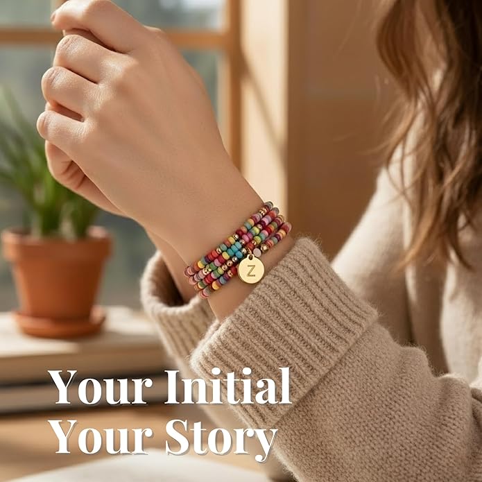 Set of 4 Colorful Bead Initial Bracelets, Personalized Stackable Jewelry, Adjustable Stretchy Charm Bracelets for Women, Beaded Bracelet Set, Trendy Custom Jewelry Gift