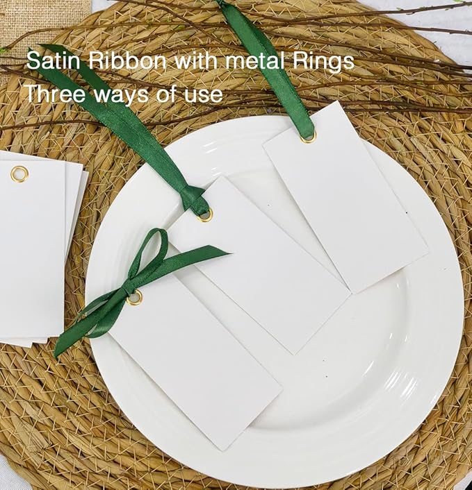 25 Pcs Name Place Cards Blank Seat Card, 2 x 4 in Table Cards with Stain Ribbon, Wedding Place Card, Hanging Tags for Wedding table Setting Reserved Chairs Signs Dinner Banquet Parties.(Dark Green)