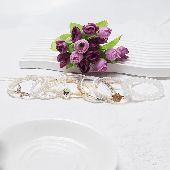 DS 6PCS String beads Charm Bracelets for Teen Girls Handmade Braided Rope Butterfly daisies Eternal flower Boho Surfer Bracelet for women Adjustable friendship Stretch birthday jewelry Gift Friends