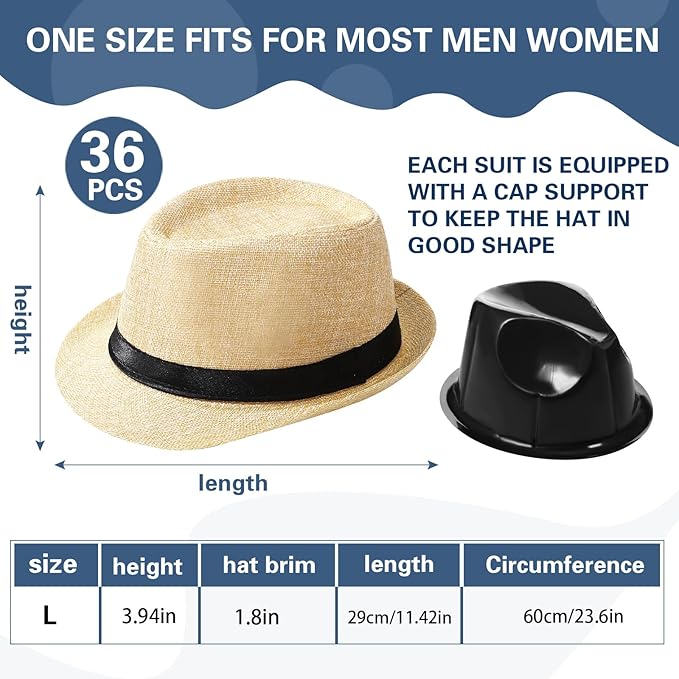 Suhine 36 Pcs Halloween Men Fedora Style Hat Bulk 20s Straw Short Brim Panama Women Party Costume, Circumference 60 cm