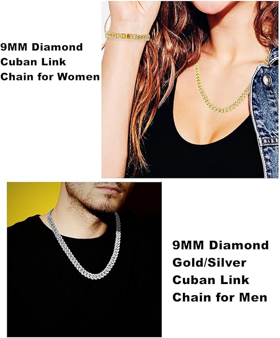 HH BLING EMPIRE 14k Gold/Silver Cuban Link Chain for Women Iced Out Diamond Chunky Cuban Link Necklace Chain Bracelet 2pcs Sets
