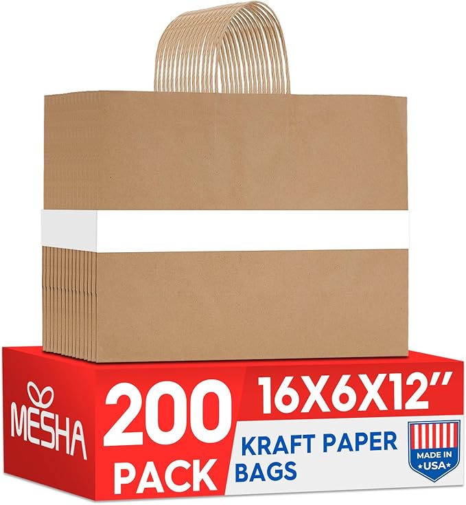 MESHA Gift Paper Bags 200 Pack 16X6X12 Brown Large Shopping Kraft Bags Bulk with Handles Reusable for Business,Grocery,Birthday,Wedding,Kids Party,Favors