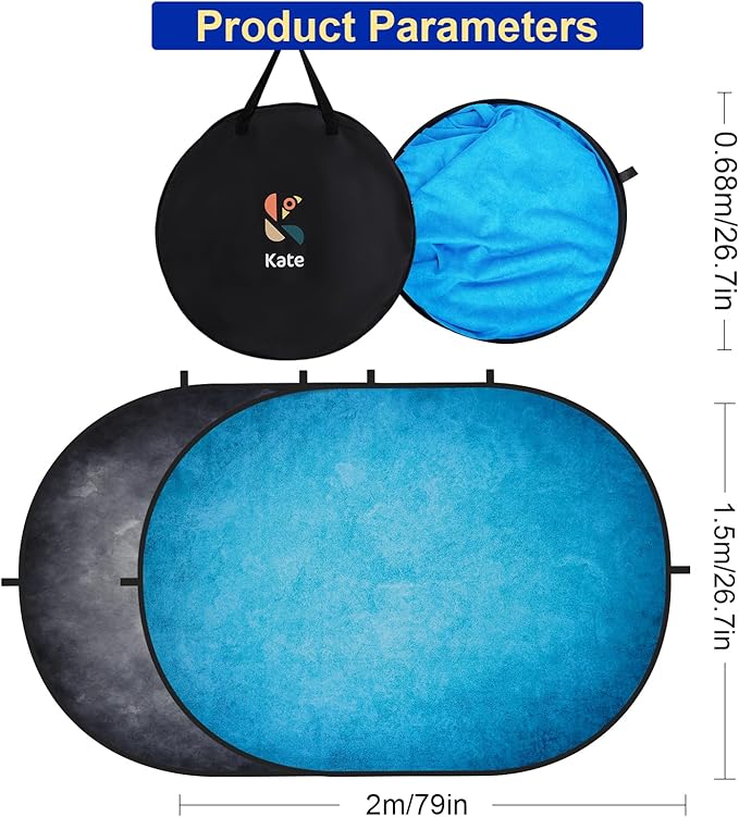 Kate 5x6.5ft Collapsible Backdorp Pop Up Backdorps,Double Sided Blue Screen and Gray Screen, 2 in 1 Collapsible and Reversible Background for Photography, YouTube Videos,and Live Streaming