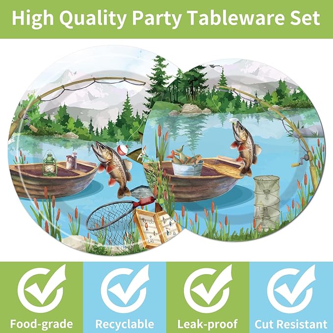 96PCS Gone Fishing Plates and Napkins Party Supplies - Fishing Birthday Party Decorations Fishing Themed Disposable Paper Tableware Set Serves 24 Guests