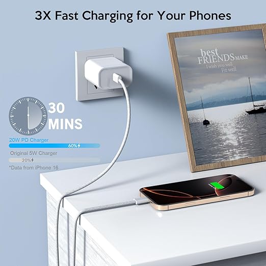 iPhone 16 15 Pro Charger Fast Charging,20W Fast USB C Charger Block 3Pack USBC Type C Fast Charging 6FT Woven Charge Cable for Apple iPhone16 Pro Max/16e/16 Pro/16 Plus/15/15 Pro Max/iPad Pro/AirPods