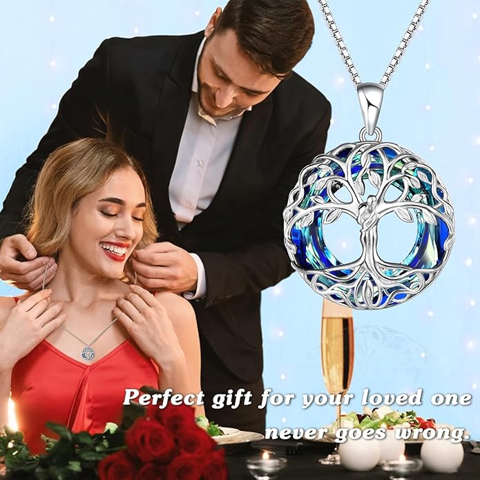 Tree of Life Crystal Necklace for Women Sterling Silver Couples Hug Tree Pendant Necklaces Gifts for Wife Anniversary Birthday Christmas