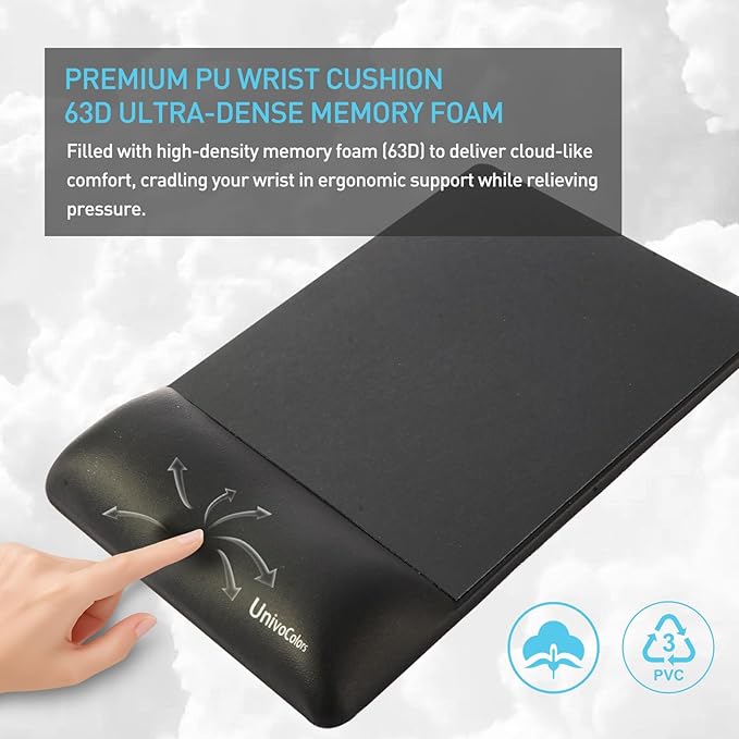 univo colors Design-Wave Wrist Rest Mouce Pad,PE Mouse Sliding Panel+Artificial Sheepskin+Memory Foam+Ergonomic+Anti-Slip Gel,Resilience Support During Work and Gaming,Mouce Accessory,Black