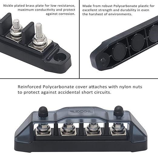Recoil BBSPG4 Discrete 4 Position Barrier Strip Bus Bar 4 x M5 Studs Terminals Power Distribution Block Busbar with Ring Terminals