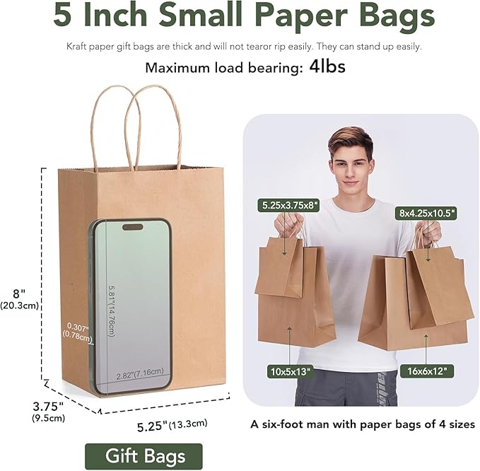 GSSUSA Paper Gift Bags 5.25x3.75x8 Inch 20000 Pack, Valentine's Day Gift Wrap Bags with Handles, Brown Kraft Paper Bag for Small Business, Heavy Duty Bulk, for Birthday Party Favors, Shopping, Retail