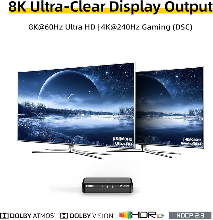 8K HDMI Splitter 1x2 – 1 in 2 Out, 8K@60Hz, 4K@240Hz (DSC), HDCP 2.3, 48Gbps, EDID, Auto Downscaling, Duplicate/Mirror Screens, Compatible with Dual Monitors, TV, PS5, Amplifier