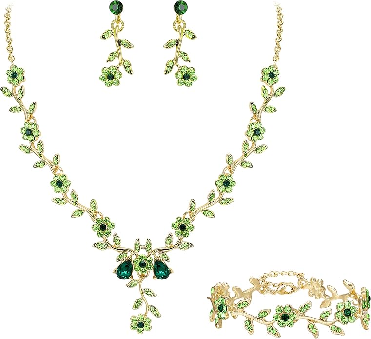 BriLove Women's Wedding Jewelry Leaf Cluster Flower Crystal Dangle Earrings Pendant Necklace Set for Bridal