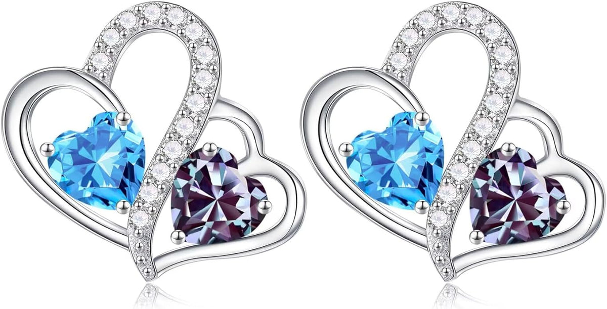 Iefil Valentines Day Gifts for Her - Birthstone Earrings Gift for Women, 925 Sterling Silver Double Heart Birthstone Earrings | Anniversary Birthday Gifts for Women, Personalized Jewelry for Wife Mom