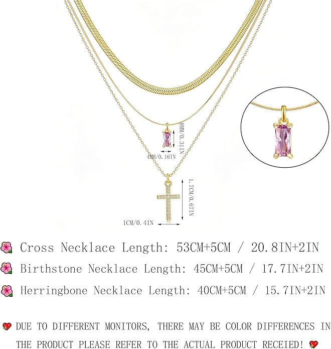 3Pcs Gold Layered Necklaces for Women, 14K Gold Plated Cross Necklace, Dainty Birthstone Necklace for Women, Herringbone Gold Necklaces Set, Stackable Women's Gold Pendant Necklaces Jewelry Set