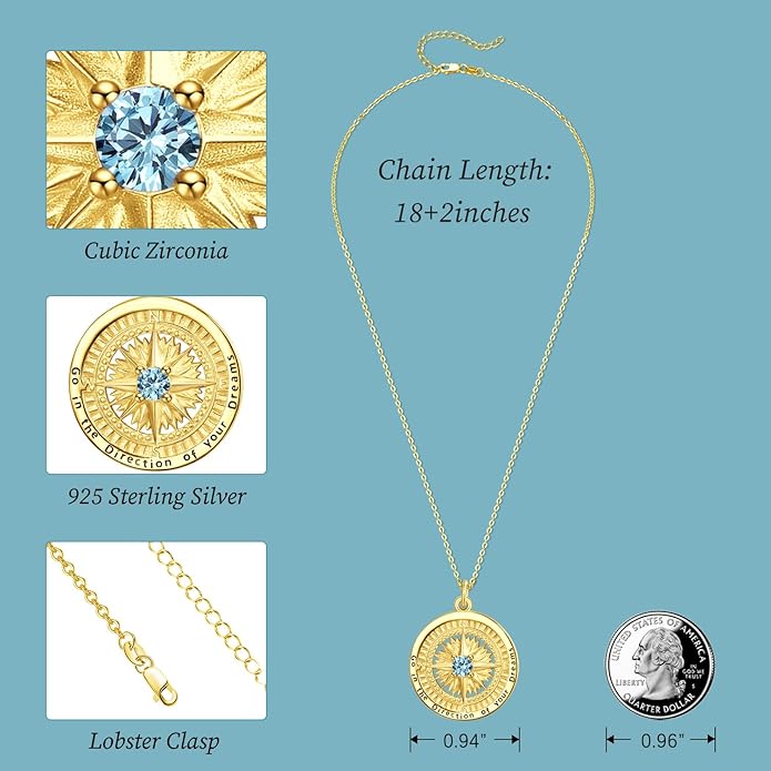 KINGWHYTE Graduation Gifts Birthstone Necklace for Women 925 Sterling Silver Compass Pendant Go in the Direction of your Dream Travel Jewelry Birthday Gift for Her