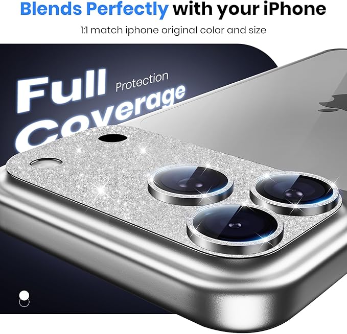 Hoerrye for iPhone 17 Pro Camera Lens Protector - [12FT Shatterproof Military Grade] [Strong Adsorption] Metal Top 9H+ Tempered Glass Camera Screen Full Cover Case Friendly,Glitter Silver
