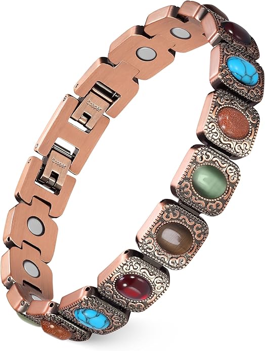 Feraco Pure Copper Bracelets for Women, Ultra Strength Magnetic Bracelet with 3800 Gauss Magnets & Natural Turquoise & Stones, Adjustable, Jewelry Gift