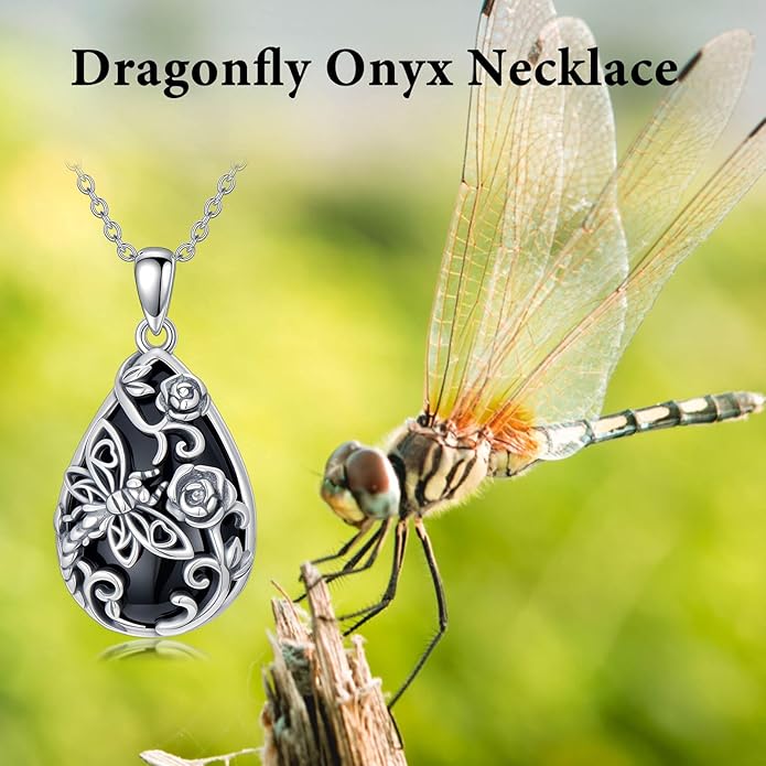 Black Onyx Necklace 925 Sterling Silver Flower Insect Pendant Teardrop Onyx Jewelry Valentines Day Birthday Gifts for Women