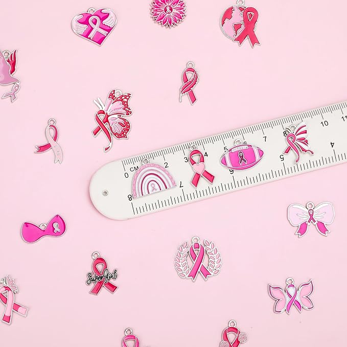 MARFOREVER 40 Pcs/20 Pairs Breast Cancer Awareness Charms, Pink Ribbon Charm Hope Ribbon Pendants for Bracelet Necklace Earrings Making Accessories for Jewelry Making
