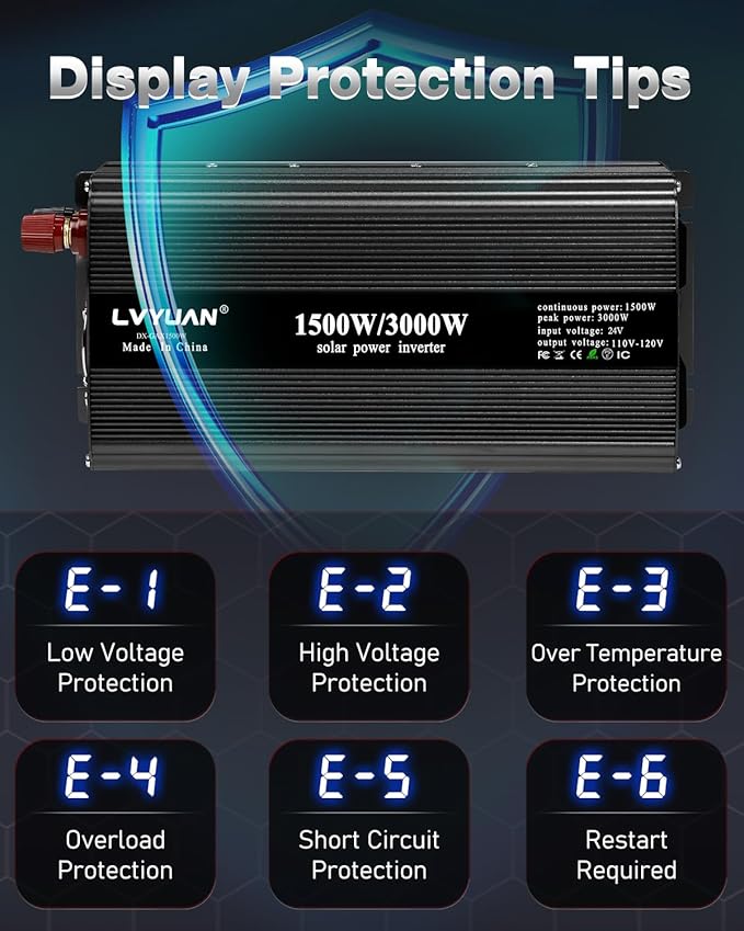 LVYUAN 1500W Power Inverter 24V to 110V DC to AC with 2 US Sockets, LED Display, USB Ports for Home, Truck, Outdoor, Camping