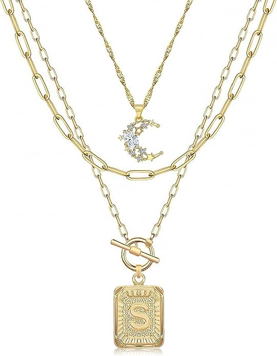 MJartoria Layered Initial Necklaces for Women Trendy, 14K Gold Plated Brass Simple Moon Choker Square Letter Pendant Necklace, Paperclip Chain Necklaces Jewelry Gifts