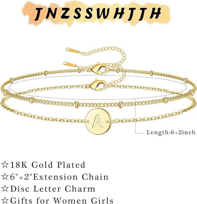 Valentines Day Gifts Initial Bracelets Gifts for Women Trendy - 18K Gold Plated Letter Bracelet Dainty Disc Monogram Charm Bracelet