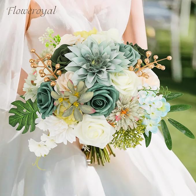Floweroyal Artificial Flowers Combo Green Flowers Mix Silk Flowers Dahlia Roses with Stems for DIY Wedding Bridal Bouquets, Baby Shower, Floral Arrangement, Table Centerpieces, Home Decorations.