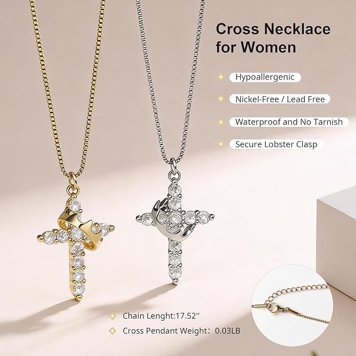 Crown Cross Necklace for Women, 14K Gold Silver Cubic Zirconia Crown Cross Necklace, Diamond Gold Silver Cross Necklaces, Dainty Cross Faith Simple Trendy Charm Jewelry Gift for Women