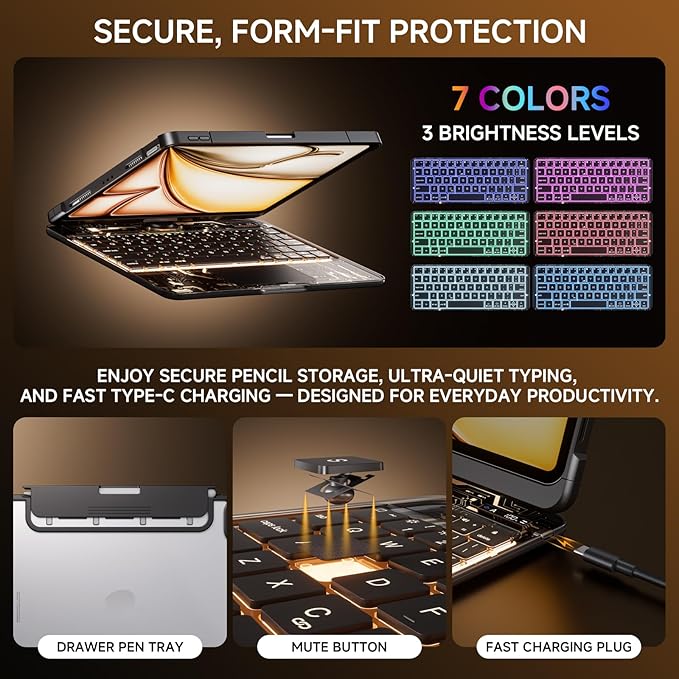 Transparent Case with Keyboard for iPad 9th (7th, 8th, and 9th Gen) 10.2 Inch,with 7-Color Backlit Wireless Keyboard,360°Rotatable Protective Case Multi-Touch Trackpad,with Pencil Holder,Black