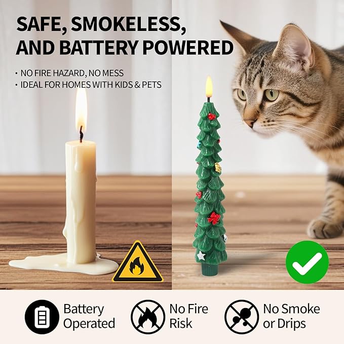 Flameless LED Christmas Tree Candles, 6 Pack – Battery Powered Holiday Lights with Warm Flickering Glow, Safe No-Flame Decor for Mantels, Dinner Parties, Family Gatherings & Gifting