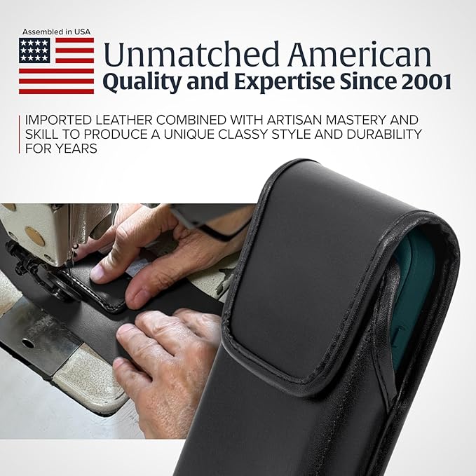 Turtleback Belt Holder for iPhone 16 Pro, 16e, 15 Pro 14 Pro 13 Pro -Small- Fits w/Slim MagSafe Style Cases, Premium Black Leather Vertical Belt Holster Magnetic Closure Leather Wrapped Belt Clip