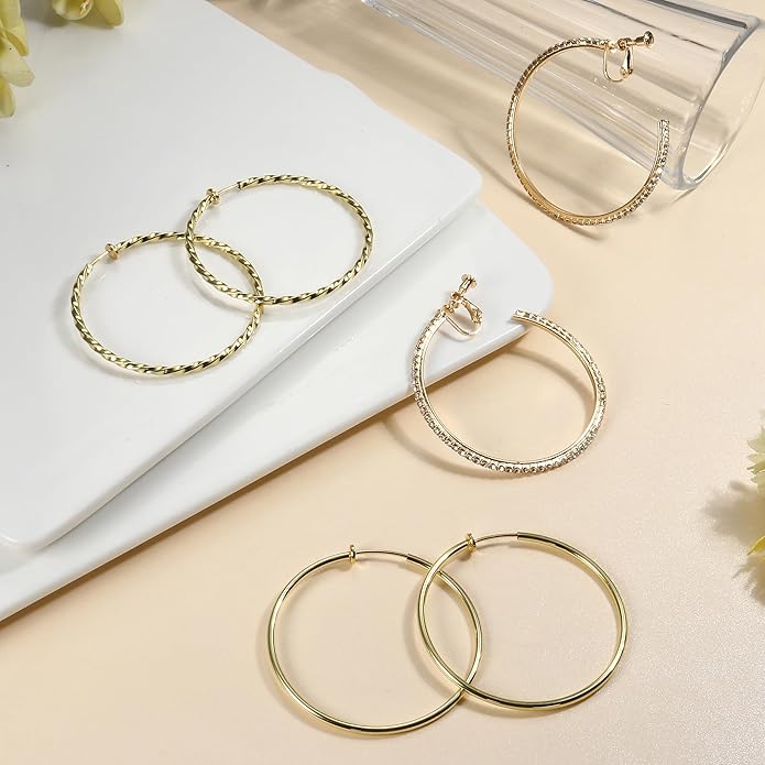 Clip On Hoop Earrings for Women Non Pierced Ears,Gold Clip On Earrings Non Piercing Big Stainless Steel Fake Hoops Lightweight 30-60mm