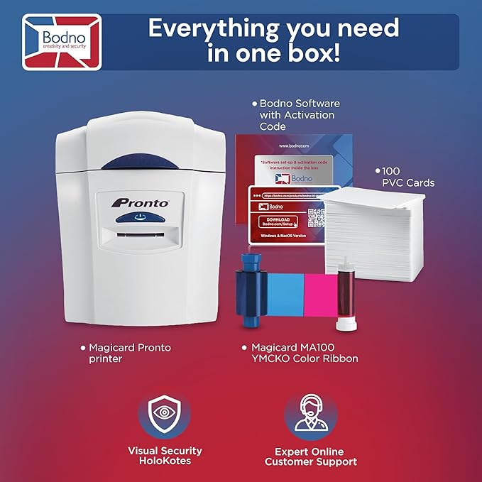 Bodno Magicard Pronto ID Card Printer & Complete Supplies Package ID Software - Silver Edition