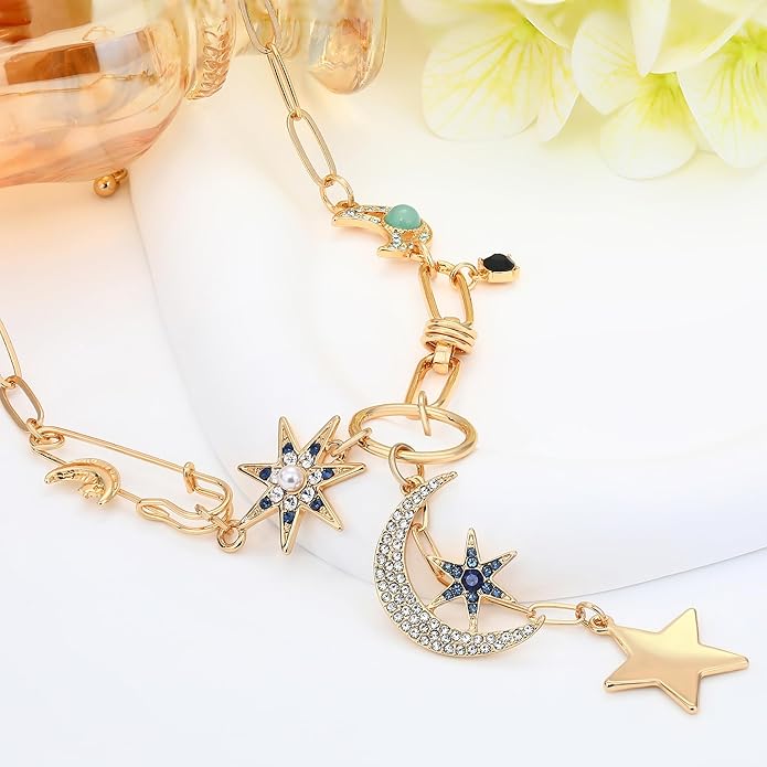 Charm Necklace for Women Gold Evil Eye Sun Moon Flower Coin Pendant Necklace Dainty Paperclip Chain Vintage Luck Amulet Choker Necklaces Celestial Jewelry Gift