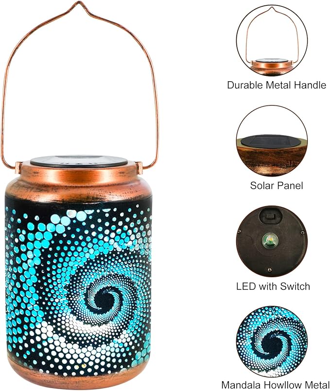Solar Lanterns Outdoor Hanging Lantern Metal Waterproof LED Lantern with Solar Powered Garden Patio Decorations Decor with Handle Christmas Gift Idea