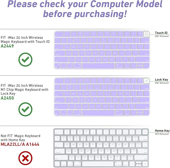 Allinside Silicone Keyboard Cover for iMac Magic Keyboard A2449/A2450, Protective Skin for iMac 24" Wireless Keyboard Released in 2021, US Layout, Light Purple