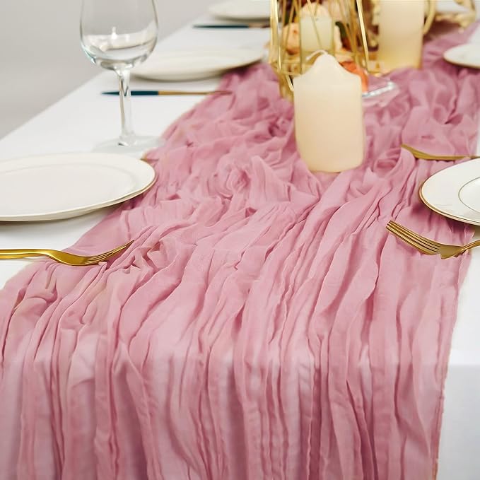 10PCS Dusty Rose Cheesecloth Table Runner 10ft Boho Gauze Fabric Cheese Cloth Table Runner Comes with 10 Cloth Napkins Runner for Romantic Wedding Birthday Shower Party Table Decoration