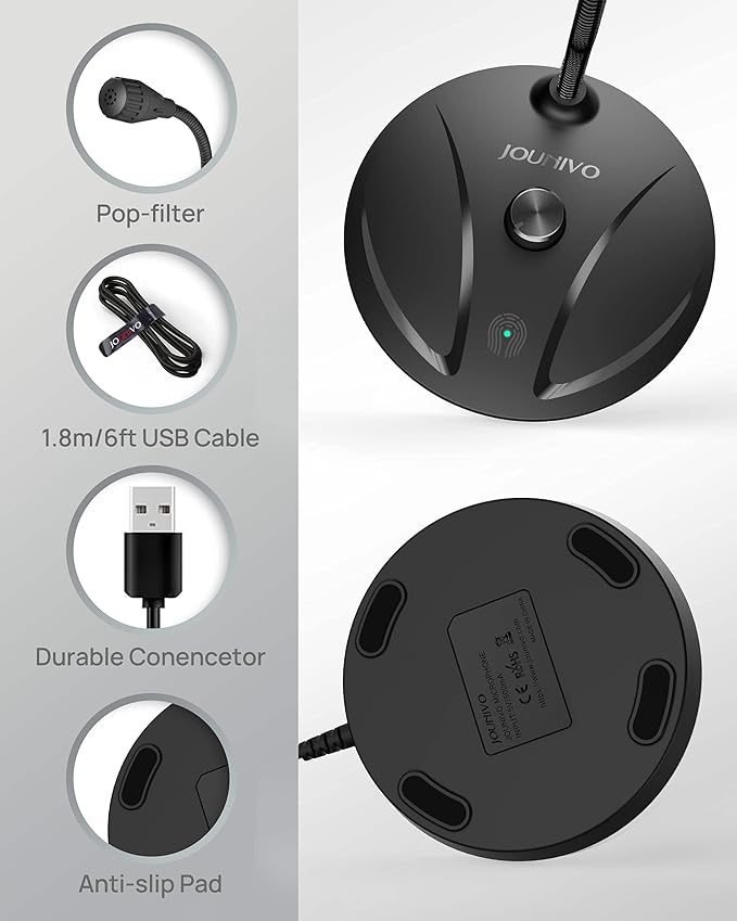 JOUNIVO USB Microphone for Computer, PC/Laptop Mic, Mute Button with LED Indicator, 360 Degree Gooseneck Design, Desktop Microphone for Streaming, Recording, Dictation, Podcasting, YouTube, JV610PRO