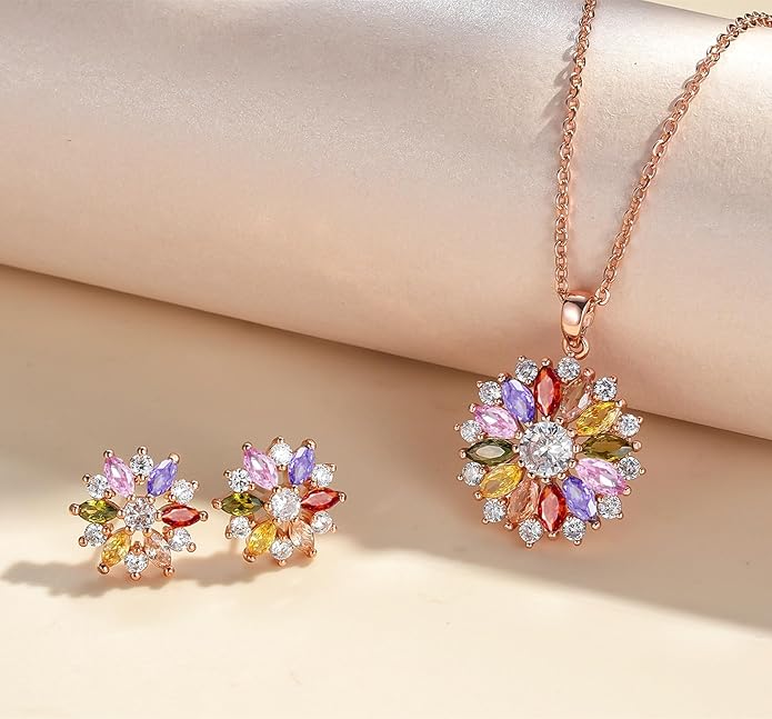 VONSSY Colorful Snowflake Pendant Necklace Earrings Rose Gold 5A Cubic Zirconia | Crystal Sweater Chain | Multi Gemstone Garnet Amethyst Morganite Peridot Prom Rhinestone Necklaces for Women Vintage Stylish Gift