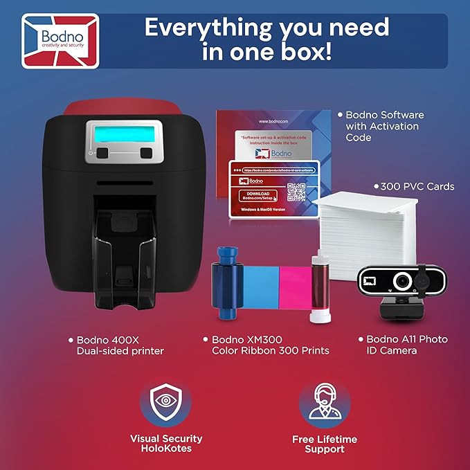 Bodno Magicard 400X Dual Sided ID Card Printer & Complete Supplies Package ID Software - Silver Edition