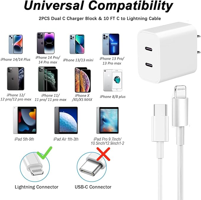 for iPhone Fast Charger,Dual Port USB C iPhone Charger Fast Charging Block,Super Fast Apple Double Type C Wall Charger,2Pack 10FT Quick USB C Lightning Cable for iPhone 14 Pro Max/13/12 MiNi/11/XS/XR